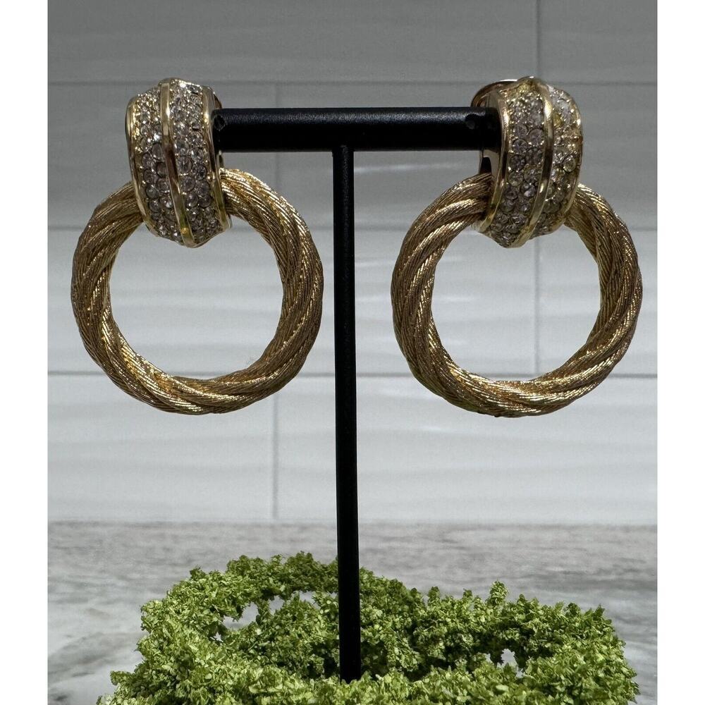 Vintage Auth Christian Dior Chunky Gold Tone Rhinestone Door knocker Earrings